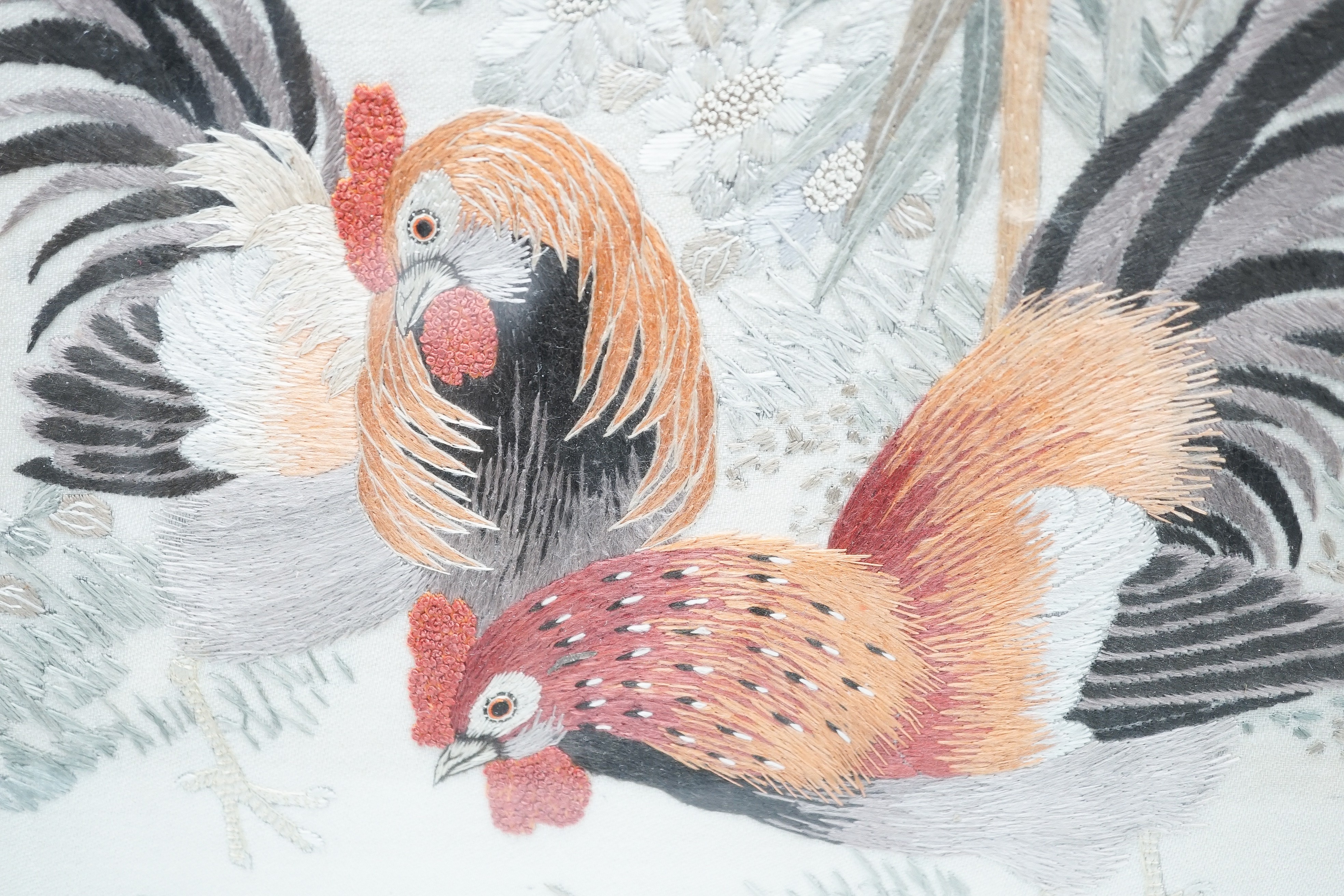 A Chinese framed silk work panel of chickens, 50x35cm